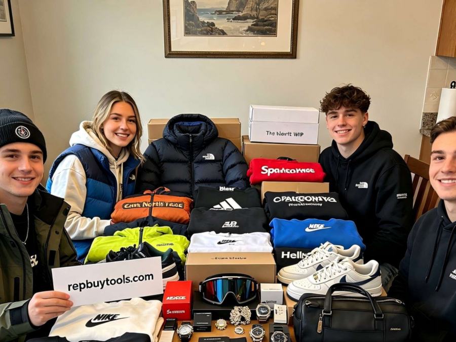 Knitwear, outerwear, watches, bags and trainers arranged on a dining table